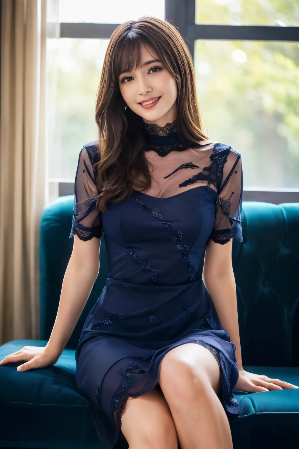 ((whole body:1.4, highest quality)), (Realistic photos:1.4), ((sitting on a navy blue sofa, spred legs widest)),((Shaved pussy visible through lace)),
((1 girl)), (Pure actress), (dream-like),
(超High resolution:1.2), Very delicate and beautiful, wonderful, Very detailed CG Unity 8k wallpaper, Very detailed, High resolution, 
Soft Light, Beautiful detailed girl, Very detailedな目と顔, Beautiful and exquisite nose, Beautiful and exquisite, 
(Wear navy blue, Transparent lace dress:1.3), (Lace Shawl)
Cinema Lighting, Perfect ???????, Slender body, (Parted bangs),
Cowboy Shot, Looking at the audience, (Old-fashioned smile)
