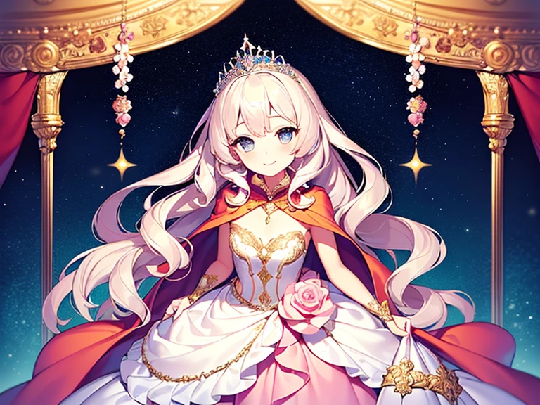 (kawaii),(best quality),(ultra detailed),(rococo style),(long train pastel pink cape:1.15), very long cape,(long train white ball gown with flower decorations:1.1), a girl is wearing a cape over her gown, 1 little princess, tiara, smile, very long hair, small breasts, beautiful detailed eyes, beautiful detailed lips, looking at viewer