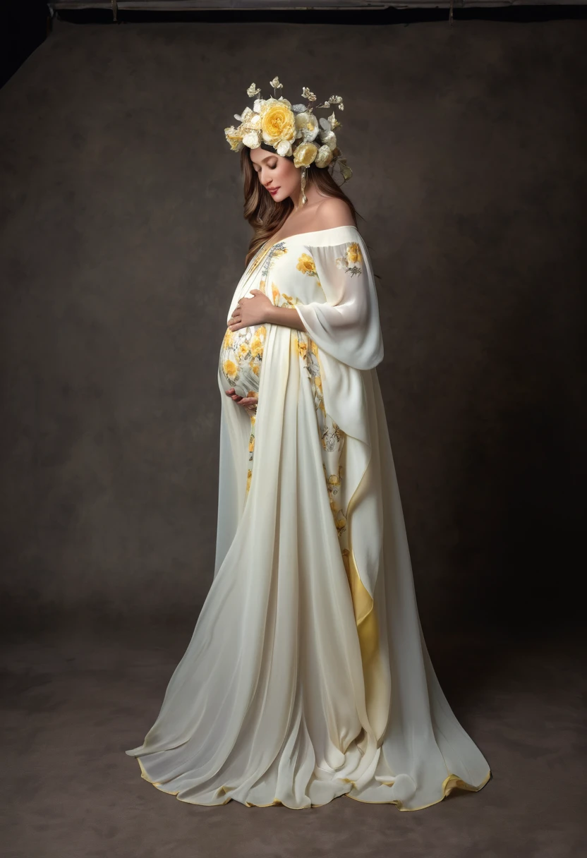 pregnant woman in a flowing dress with a flower hat  in her hair, wearing a flowing floral pattern yellow  dress, flowing dark yellow gown, beautiful flowing fabric with traditional Persian patterns, flowing dress, endless flowing ethereal drapery, draped in flowing fabric, beautiful gown, flowing realistic fabric, dressed beautiful gown, soft elegant gown, wearing a white flowing dress, wearing stunning ivory dress, in style of kyrill kotashev