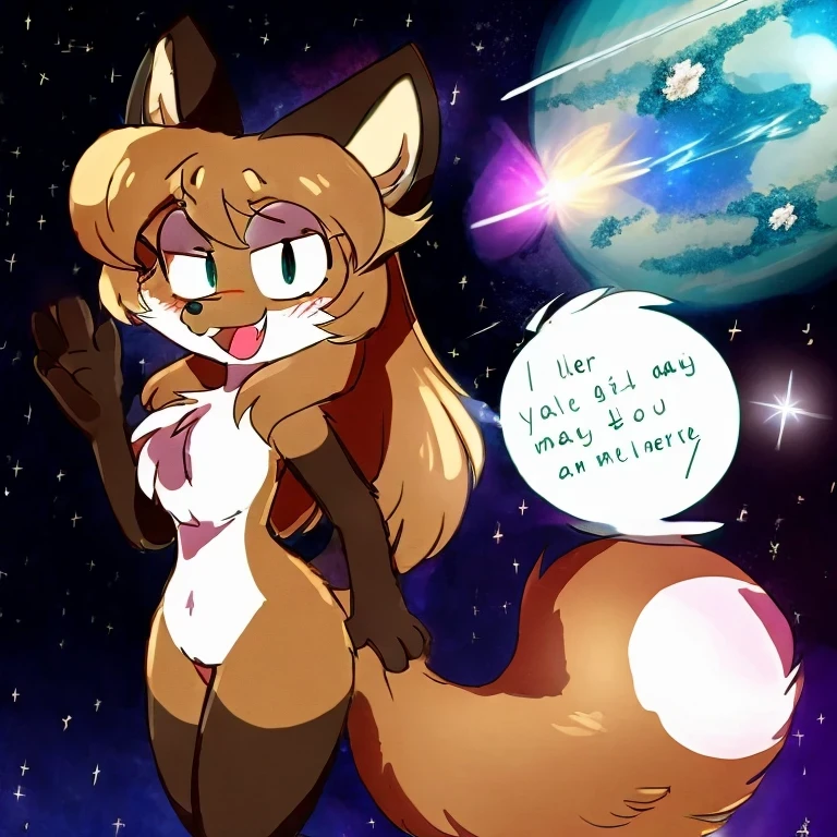 Nervous smiling, uploaded the e621, space background, comet in background, beautiful and detailed, woman (((female))) ((anthro)) Fox, (Averi, Fox girl), cinematic lighting, Fox, (anthro, fluffy fur, character focus:1.1), 1girl, anthro fox girl, body fur, curvy, sexy, nice, cute, hot, sassy, sassy hips, comfortable anime-style cartoon-style, digital drawing, fully open eyes, SFW, flat chest, waving, happy, smiling, large white tail tip