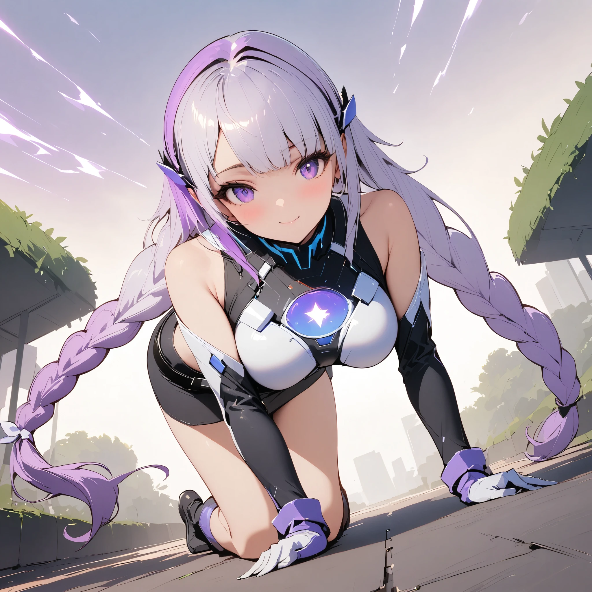 (highest quality:1.2, Very detailed, High Detail, High Contrast, masterpiece:1.2, highest quality, Best aesthetics), 1 Female, Cyber Suit, Separated sleeves, Bare shoulders, Black top, Silver breastplate, Energy disk on chest, Black Mini Skirt, (Belt connecting left and right sleeves:1.1), 黒に紫色のアクセントが入ったCyber Suit, ((White Hair:1.4, Purple bicolor hair, Braided long hair, White and purple hair accessories:1.2, Dark purple bangs:1.1, Asymmetrical bangs)), Purple Eyes, Double eyelids, Detailed face, Loose braid, smile:1.2, Indifference, kind, Front view, Crouch down, Stick your butt out, (((Kneeling:1.2))), A park filled with greenery, squirt:1.2, White cloud, Wide-angle lens.