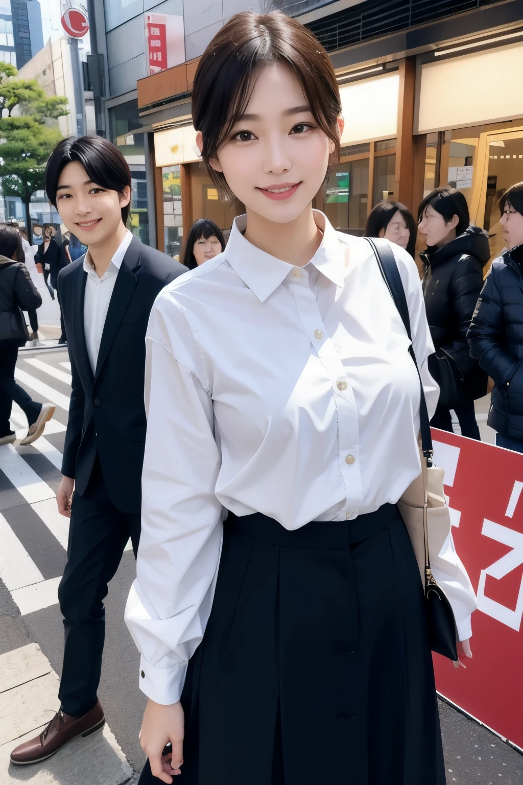 Cute 21 year old Japanese、Bright smile、Young men and women、Tokyo、Big city highly detailed face、Pay attention to the details、double eyelid、Beautiful thin nose、Beautiful woman:1.4、(short hair),Pure white skin、highest quality、masterpiece、Ultra-high resolution、(Realistic:1.4)、Highly detailed and professional lighting、nice smile、Young men and women、Happy expression、Full body image、Young couple、
Yamanote and Shitamachi　Enjoy Tokyo from downtown to uptown　Let&#39;s have fun with the Tokyo Asahi　With a flower-like smile like that girl　Hello, spring is budding　The willows of the moat bloom　Enjoy Tokyo with your young heart　Fun Tokyo Yamanote and Shitamachi　Tokyo is friendly, both in the downtown area and uptown　Kindness Tokyo Cute Seagull　It&#39;s bright at the harbor and on the river.　The window of the Accessories Building　When the sun sets, I hurry up　Burning with love, Tokyo is kind　Yasashiya TokyoYamanote and Shitamachi　I love both the downtown and uptown areas of Tokyo.　My beloved Tokyo, my familiar city　The subway descends into the night fog.　Exchange eyes on the stairs　The words you whisper are always　See you tomorrow, Tokyo dear　Tokyo, my loveTokyo, My Love Tokyo in the Daytime、