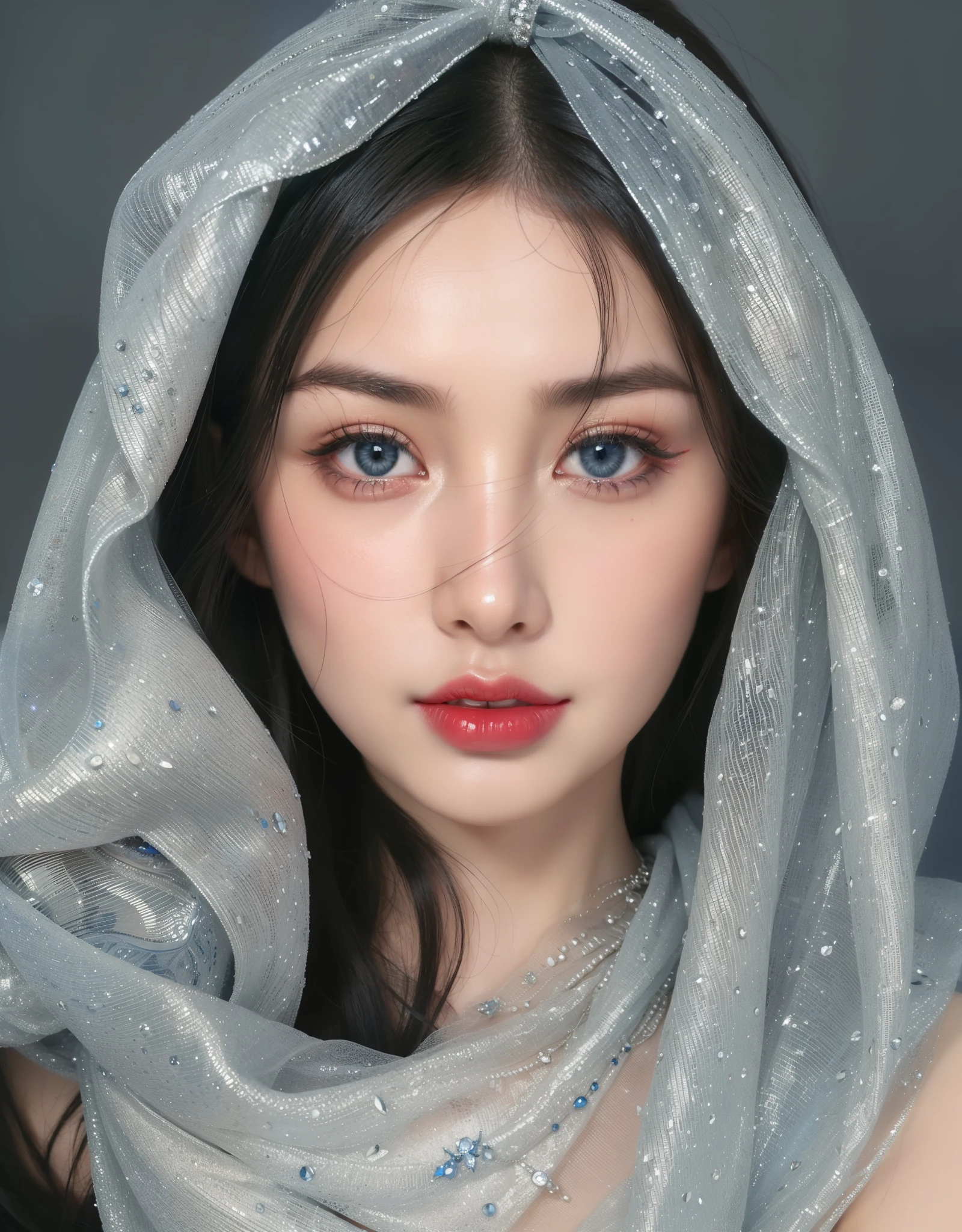 Super detailed, Delicate face, Realistic style, Stock Photography: , rich and colorful, Surrealism, Realistic textures, Dramatic Lighting, Thin Film Distiller 800 (8K, original photo, Better quality, masterpiece: 1.2), Super detailed, (Extremely delicate skin: 1.2), 8K Ultra HD, SLR camera, Soft Light, high quality,Snow Queen,ice castle,Blue pupils,Apply red lipstick,Tattoo goddess,With tattoo pattern,Ultra-clear portrait,apply lipstick,Wearing necklace jewelry,apply lipstick,Wear heavy makeup,The facial texture is very clear,Beautiful tattoos on the body,Deep blue eyes(Sapphire-like pupils),A crown of luxury,Diamond necklace,Chinese characters tattoo on face,Wearing a headscarf