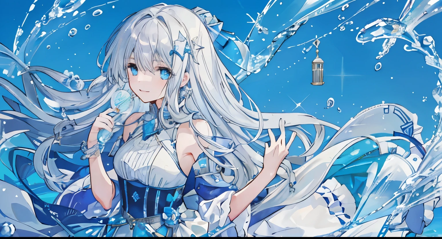 **Full-body composition, 20-year-old woman, gal, gentle expression, cute, cute, hair ornament, silver one-length long hair, idol's summer clothes, blue sky, wind chimes, water spray, sparkling background, lots of sparkle, high quality, Full body shot, smiling, happy expression, gentle eyes, neat, gentle expression, light blue eyes, beautiful light expression, background slightly blurred, Soap bubble, High quality