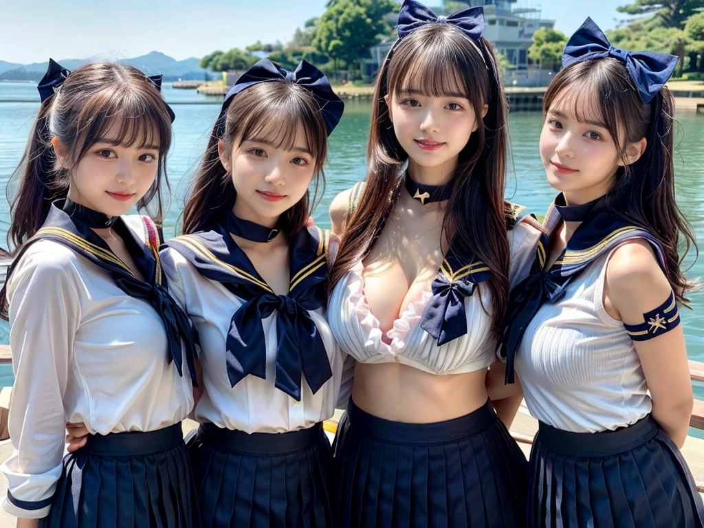 (((very heavy chest))),NSFW, 16k raw photos, highest quality, masterpiece, ultra high resolution, ((She is wearing Beautiful exposed redShe is wearing (a high school sailor uniform).
(navy sailor collar:1.4),(white shirt:1.4),(navy pleats skirt:1.4),(navy bow:1.4))).movie, ((2 girls, , 2 schoolgirls)),((attractive expression)),eyes shine、 looking at the viewer, natural skin texture very heavy chest))),((( metal black ribbon around the neck))).star handle mold、((yellow eyes)),Realistic eye and face details, lip whole, lipstick makeup), fluffy ponytail hair, laughter, Beautiful feet, tall woman, ((glowing skin)),((Beautiful armpit)), slim_feet, huge breasts, cleavage, beautiful natural places, beautiful flower garden、(detailed background,highly exposed, huge breasts, blurred background,, JK ribbon on the neck, jk ribbon, golden hair, bracelet, water, bangs, split your lips、armpit、beautiful hip line、glowing skin、(((eyes shine brightly))),lotion skin、High leg、((black hair)),highly exposed、Skimpy pink luxury fur coat、beautiful sea background、wind effect、