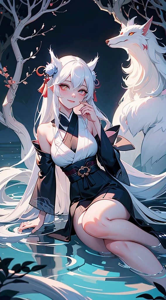 ((masterpiece)), (((best quality))), ((ultra-detailed)), ((illustration)),{{ detailed and intricate}}, (ink splashing), color splashing, (amazing),dynamic angle,(((an extremely delicate and beautiful girl))), ((beautiful detailed eyes)),glowing eyes,full body, {{1 girl}},((fox ears)), mature female,white hair, shiny hair, (very long hair),Bangs,red eyes,medium breasts, slit pupils,Happy,((((fox tail)))), slim legs,Seductive face, outdoors, Ancient palace background,peach blossom,,in winter,steam,splash,bloom, ((snowing outside)),hanfu, (white pantyhose)