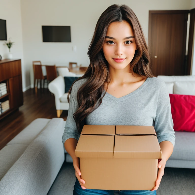 woman with long brown hair, brown eyes, potret in a living room, holding a box, with both hands, 25 years old 