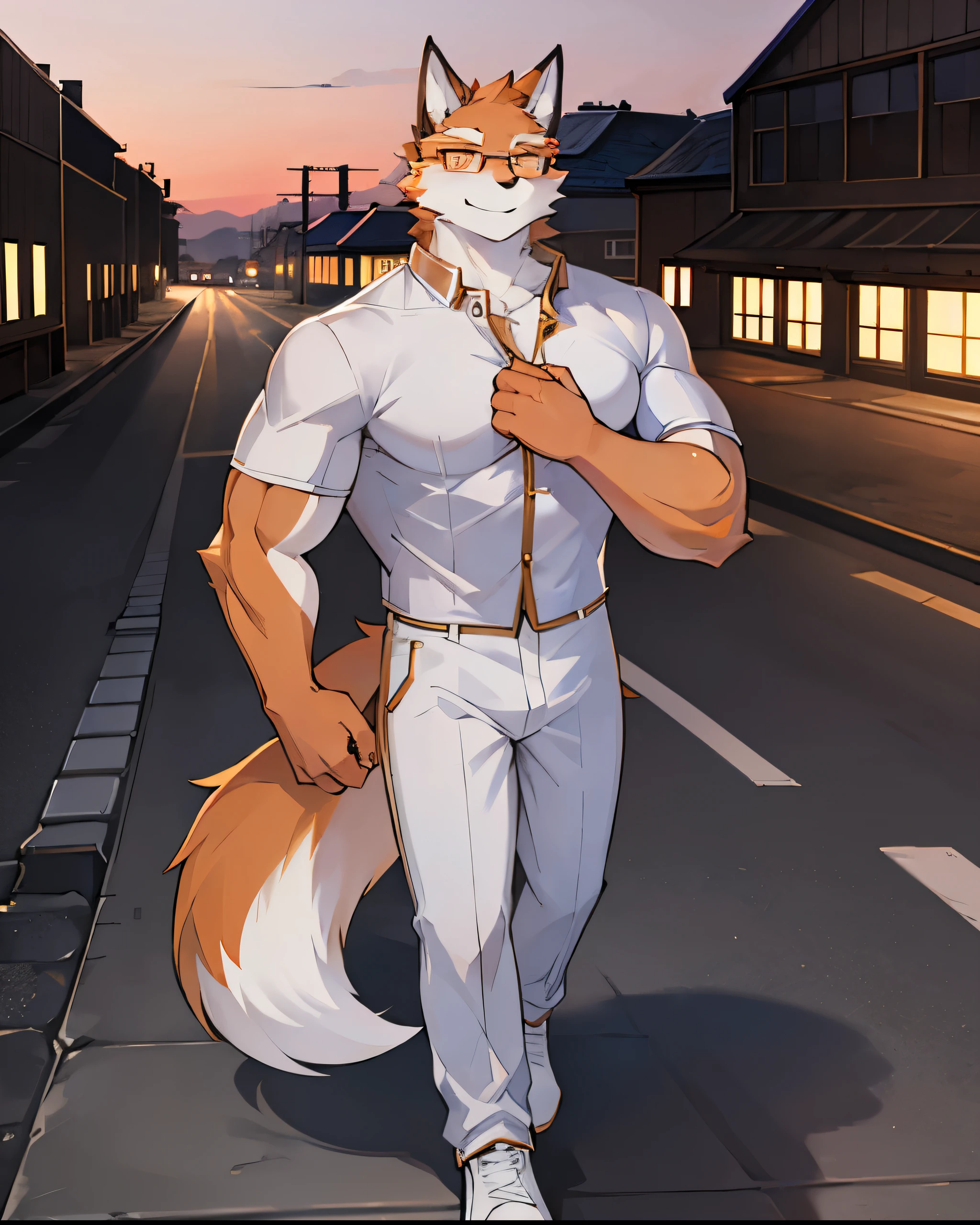 one person,male,Just not good, Muscular body,Young's Body, young,young role,Full body orange fur,Orange fur,Body tearing,Standing on the sidewalk,Wearing glasses,Dusk evening background,head tilted to one side,Looking at the sky,Happy mood, Wearing a loose white short shirt,A pair of white trousers,Wolf furry character,Golden eyes