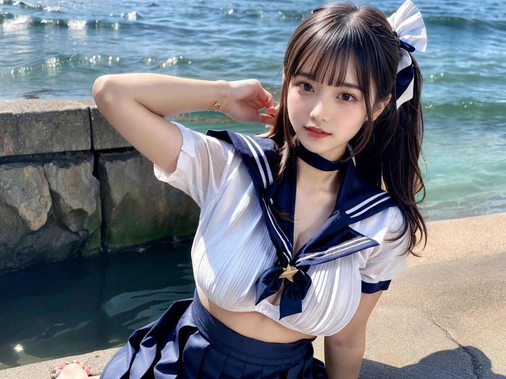 (((very heavy chest))),NSFW, 16k raw photos, highest quality, masterpiece, ultra high resolution, ((She is wearing Beautiful exposed redShe is wearing (a high school sailor uniform).
(navy sailor collar:1.4),(white shirt:1.4),(navy pleats skirt:1.4),(navy bow:1.4))).movie, ((2 girls, , 2 girls)),((attractive expression)),eyes shine、 looking at the viewer, natural skin texture very heavy chest))),((( metal black ribbon around the neck))).star handle mold、((yellow eyes)),Realistic eye and face details, lip whole, lipstick makeup), fluffy ponytail hair, laughter, Beautiful feet, tall woman, ((glowing skin)),((Beautiful armpit)), slim_feet, huge breasts, cleavage, beautiful natural places, beautiful flower garden、(detailed background,highly exposed, huge breasts, blurred background,, JK ribbon on the neck, jk ribbon, golden hair, bracelet, water, bangs, split your lips、armpit、beautiful hip line、glowing skin、(((eyes shine brightly))),lotion skin、High leg、((black hair)),highly exposed、Skimpy pink luxury fur coat、beautiful sea background、wind effect、