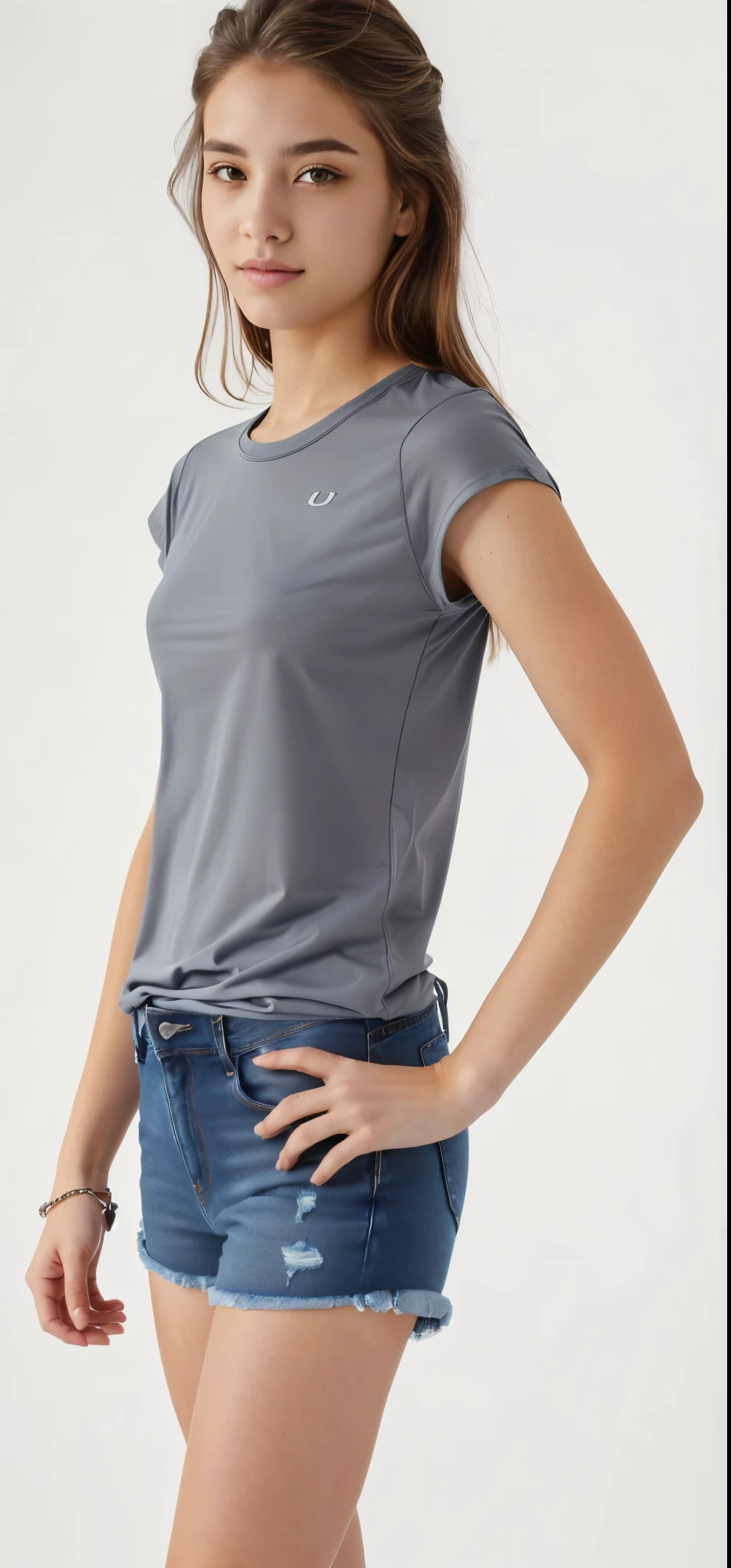 um close de uma jovem com uma camisa cinza e shorts jeans, camisa cinza, splendid, Roupas casuais modernas, vestindo uma camiseta, camisa apertada, solid gray, solid gray, 3/4 vista lateral, foto do produto, em cinza metalizado, vestindo uma camiseta muscular, perto de um magro, wearing camisa apertada, vista frontal superior lateral