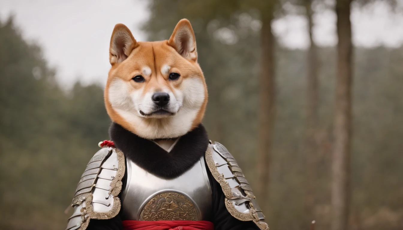 Shiba Inu in Samurai Armor，And hold the sword. . 8k . Big picture details .Overall image of the Shiba Inu