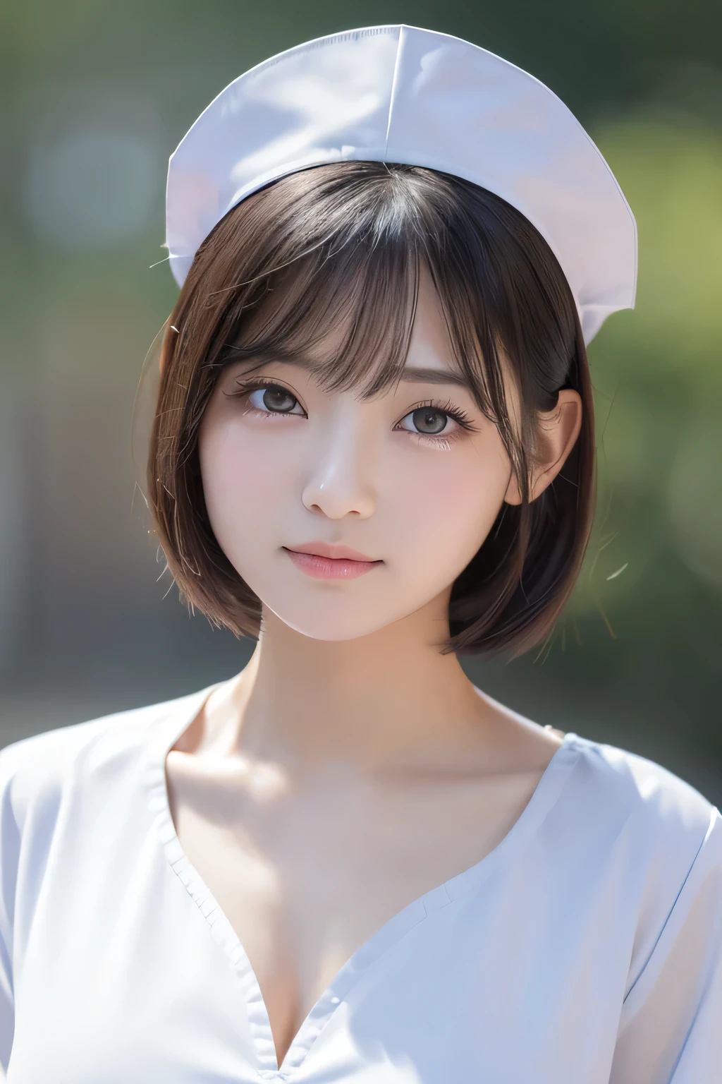 (1 Girl)、(Beautiful Japanese、18years old,round face、Refreshing、clear、seems kind、stylish、Pitiful、cute like an angel、cute、black eyes、,actress,Almond-shaped eyes,Translucent white skin、Beautiful skin), Good style , (((Beautiful big breasts:1.2))),(((soft breasts))),(very cute),(Black hair),(short bob hair),(enchanting eyes),(highlight on eyes:1.2)、(8K、Live shooting、highest quality、masterpiece:1.2、optimal lighting)、((masterpiece)),(Photo taken by a professional photographer),(real、photo real:1.4),break,{ (White nurse costume),(((taraditional nurse uniform)))、(Tight fitting clothes)},(A shy smile),(tears:1.4))(cheeks are red:1.2), break, break,,School,Face shot:1.3、looking at viewer, face close-up,Looking up、Cleavage:1.5、Peering in with a worried look on his face。(((Looking back))),Weak face,From below