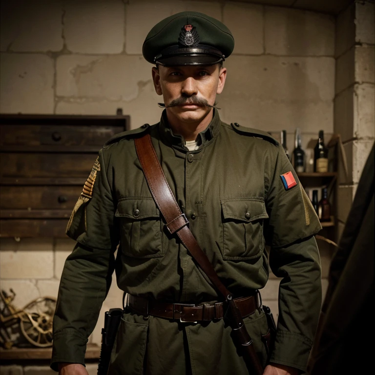 Imagine an English soldier from the First World War " the vigilant unit" (mercenaires au service de l'état, et ancien criminel qui veut se racheter auprès de son pays), il a une fusil Lee Enfield dans ses mains, he is very well armed but he has no helmet and no hat, il a un revolver webley a sa ceinture, he is in France in the year 1916, he is in the trenches with his brothers in arms, il a aussi une moustache, imagine photos de la tête au pied