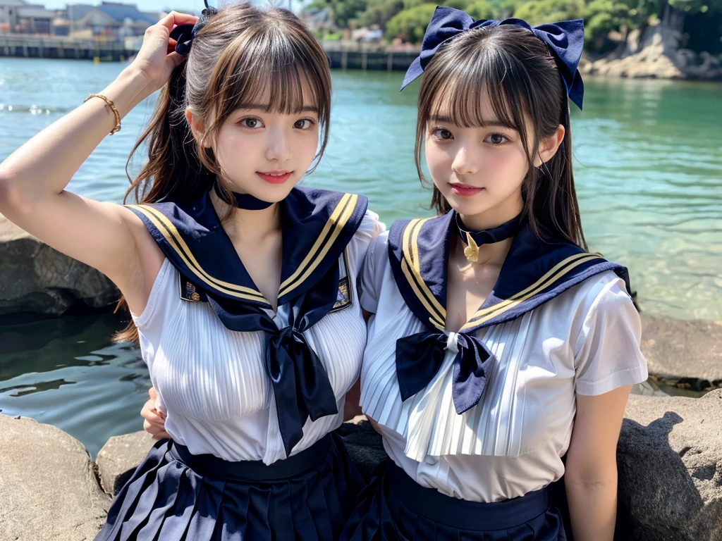 (((very heavy chest))),NSFW, 16k raw photos, highest quality, masterpiece, ultra high resolution, ((She is wearing Beautiful exposed redShe is wearing (a high school sailor uniform).
(navy sailor collar:1.4),(white shirt:1.4),(navy pleats skirt:1.4),(navy bow:1.4))).movie, ((2 girls, , 2 schoolgirls)),((attractive expression)),eyes shine、 looking at the viewer, natural skin texture very heavy chest))),((( metal black ribbon around the neck))).star handle mold、((yellow eyes)),Realistic eye and face details, lip whole, lipstick makeup), fluffy ponytail hair, laughter, Beautiful feet, tall woman, ((glowing skin)),((Beautiful armpit)), slim_feet, huge breasts, cleavage, beautiful natural places, beautiful flower garden、(detailed background,highly exposed, huge breasts, blurred background,, JK ribbon on the neck, jk ribbon, golden hair, bracelet, water, bangs, split your lips、armpit、beautiful hip line、glowing skin、(((eyes shine brightly))),lotion skin、High leg、((black hair)),highly exposed、Skimpy pink luxury fur coat、beautiful sea background、wind effect、