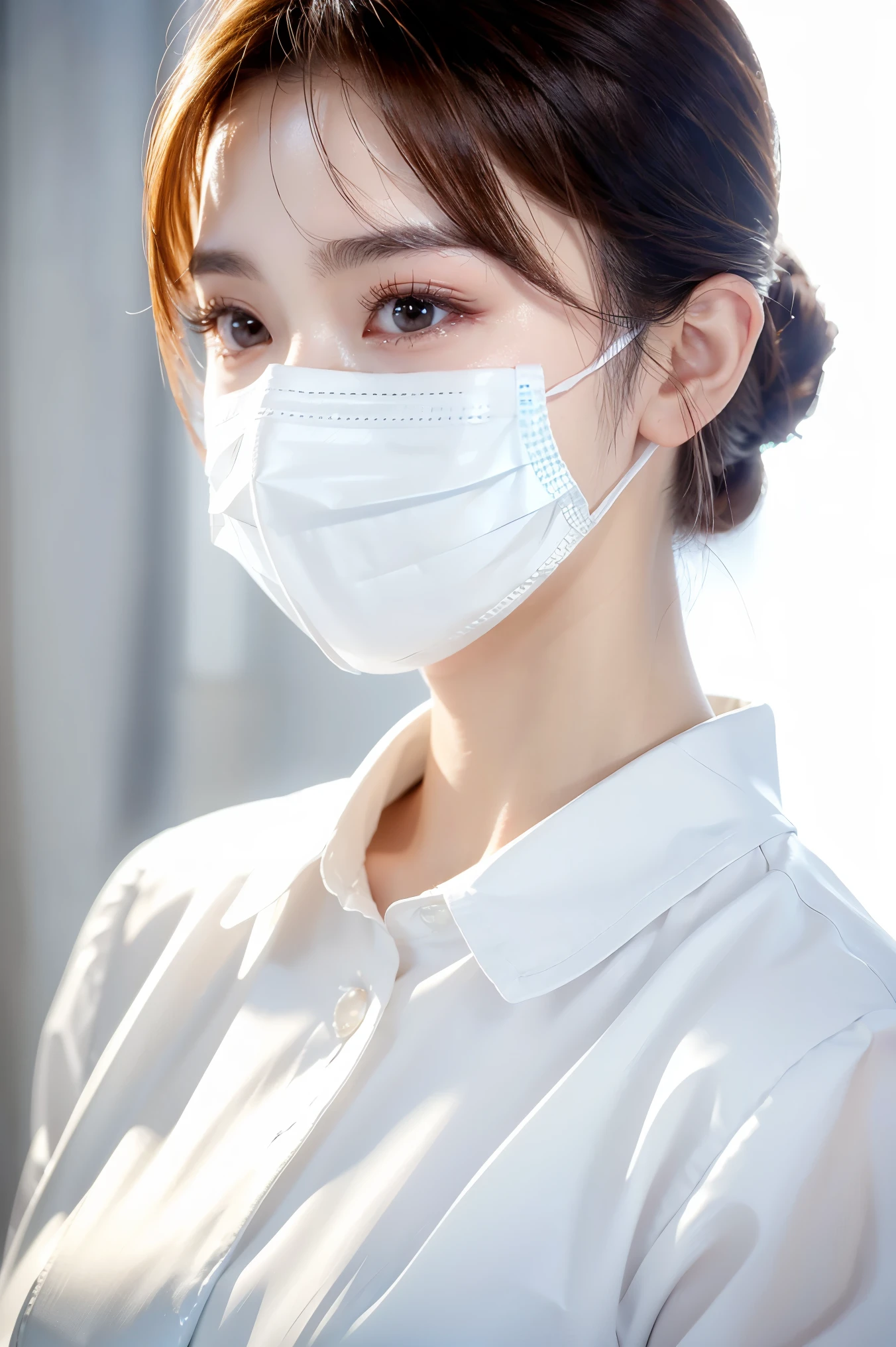 (Tabletop、highest quality、8k、Award-winning works、Ultra-high resolution)、(One beautiful nurse:1.1)、(The perfect white nurse uniform:1.1)、(White Mask:1.2)、Chignon、Shiny, beautiful hair、Accurate anatomy、(Strongly blurred white background:1.1)、(very bright white lighting:1.1)、(Close-up of face:1.3)、Perfect beautiful makeup、Spectacular Cinema Lighting、Tyndall effect、(standing elegantly:1.1)、(Shining white skin:1.1)、Shiny beautiful skin、Radiant Skin