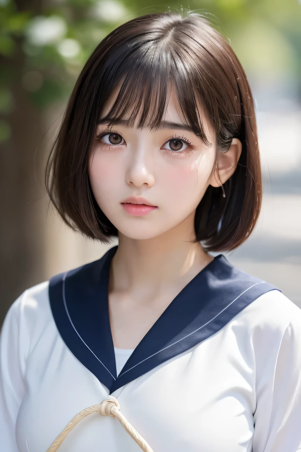 (1 Girl)、(Beautiful Japanese、18years old,round face、Refreshing、clear、seems kind、stylish、Pitiful、cute like an angel、cute、black eyes、,actress,Almond-shaped eyes,Translucent white skin、Beautiful skin), Good style , (((Beautiful big breasts:1.2))),(((soft breasts))),(very cute),(Black hair),(short bob hair),(enchanting eyes),(highlight on eyes:1.2)、(8K、Live shooting、highest quality、masterpiece:1.2、optimal lighting)、((masterpiece)),(Photo taken by a professional photographer),(real、photo real:1.4),break,{ (Japanese high school sailor uniform),((Cute Sailor Suit))},(tears:1.4))(cheeks are red:1.2), break, break,Face shot:1.3、looking at viewer, face close-up,Looking up、Cleavage:1.2、Peering in with a worried look on his face,,Looking at viewer,From below、Serious face