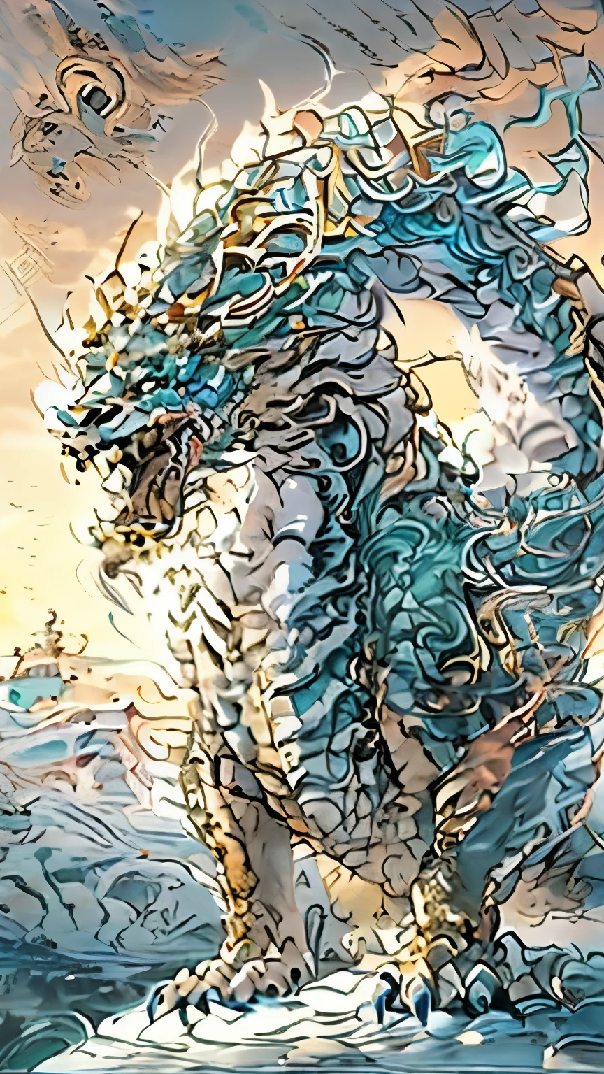 A large, reptilian monster named Frostfrill with blue-white icy scales and ice crystals growing from its back, basking in the early morning sun. Frostfrill is standing on a snowy hill, with the first light of dawn casting a golden glow over the icy landscape. The background features distant mountains, partially covered in snow, and a sky tinged with pink and orange hues. The atmosphere is serene and majestic, highlighting the beauty of Frostfrill in the morning light.