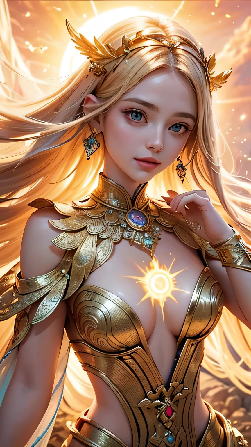 "Maiden of the Sun": Within a sacred sanctuary bathed in sunlight, depict the figure of a sun goddess, facing forward and emanating divine radiance, with golden hair, as she gazes towards us. Zoom in to focus on her face, with light orbs gleaming in her hands, representing the life-giving power of the sun. The background should be predominantly pink, evoking a sense of divine splendor. The setting is in heaven, enveloped in soft, bright light, where one can find tranquility and peace of mind, free from any trace of anxiety. Additionally, the light emanating from her hands should take the form of radiant hearts, resting gently on the palm of her hands.