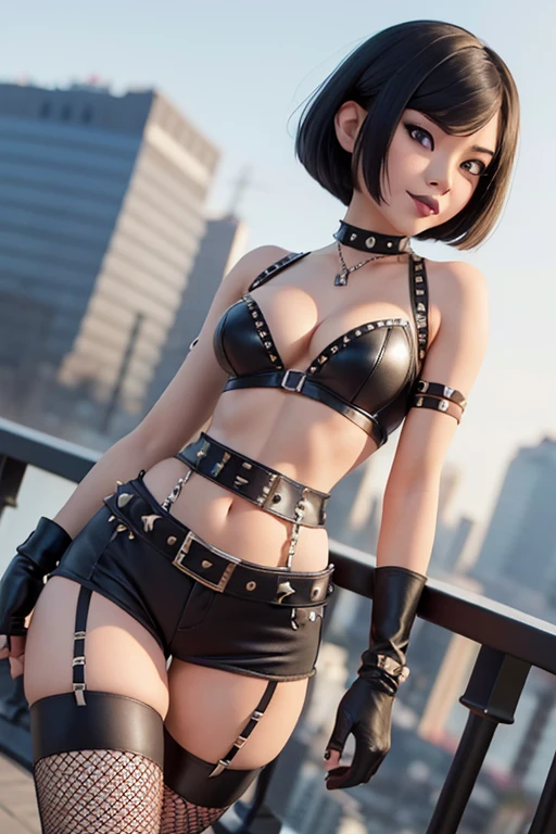 (masterpiece), best quality, expressive eyes, perfect face, (city background), (walking), closeup view), (smirk), (1girl, age 18+, Lucy Liu asian, fair skin, black hair, short bob hairstyle, brown eyes, hourglass figure, thin body, skinny body, petite_body, small breasts, wide hips, thick thighs), (black laceup corset, exposed cleavage, croptop, sleeveless, ripped minishorts, torn minishorts, black fishnet stockings, small hand gloves, studded choker, studded bracelets, hip belt, black makeup, black lips, black lipstick, body tattoos),