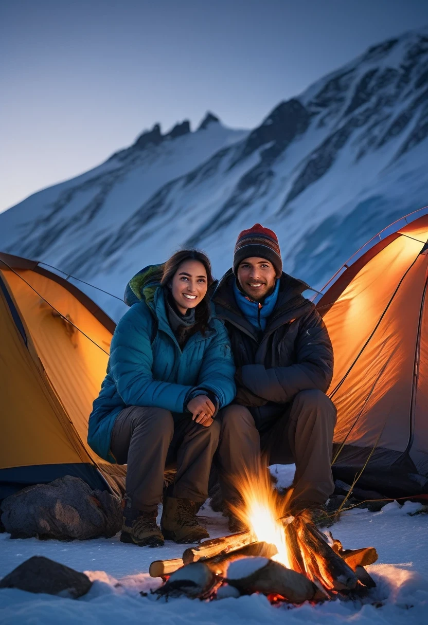 Beautiful couple camping at night in Antarctica,, Face Detail, Beautiful Eyes, Plump Lips, Long Eyelashes, (Antarctica Camping:1.3), Outdoor Camping, Camping Tent, Campfire, Snowy Mountains, Penguins, Mountains, Sunset, Warm Lighting, (best quality,8k,highres,masterpiece:1.2), Ultra Fine, ( realistic,photorealistic,photo-realistic:1.37), Landscape, Natural Light, Vibrant Color, Depth of Field
