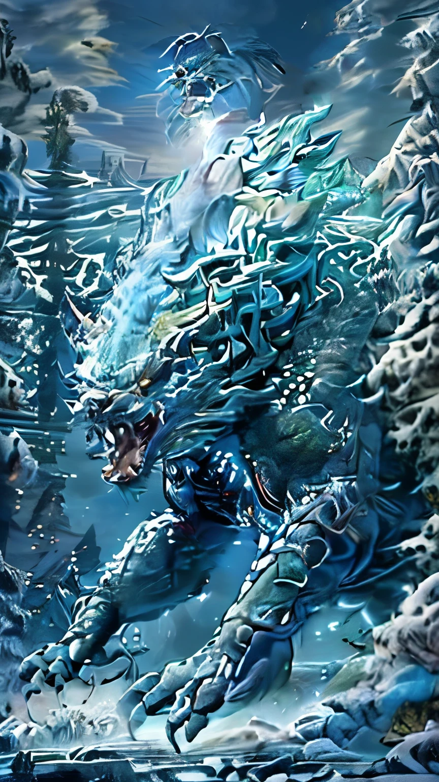 A large, reptilian monster named Frostfrill with blue-white icy scales and ice crystals growing from its back, hunting at night. Frostfrill is seen stalking its prey through a dense, snowy forest, its clear blue eyes glowing in the darkness. The background features tall pine trees, heavy with snow, and a moonlit sky filled with stars. The scene is tense and mysterious, emphasizing Frostfrill's stealth and hunting prowess.