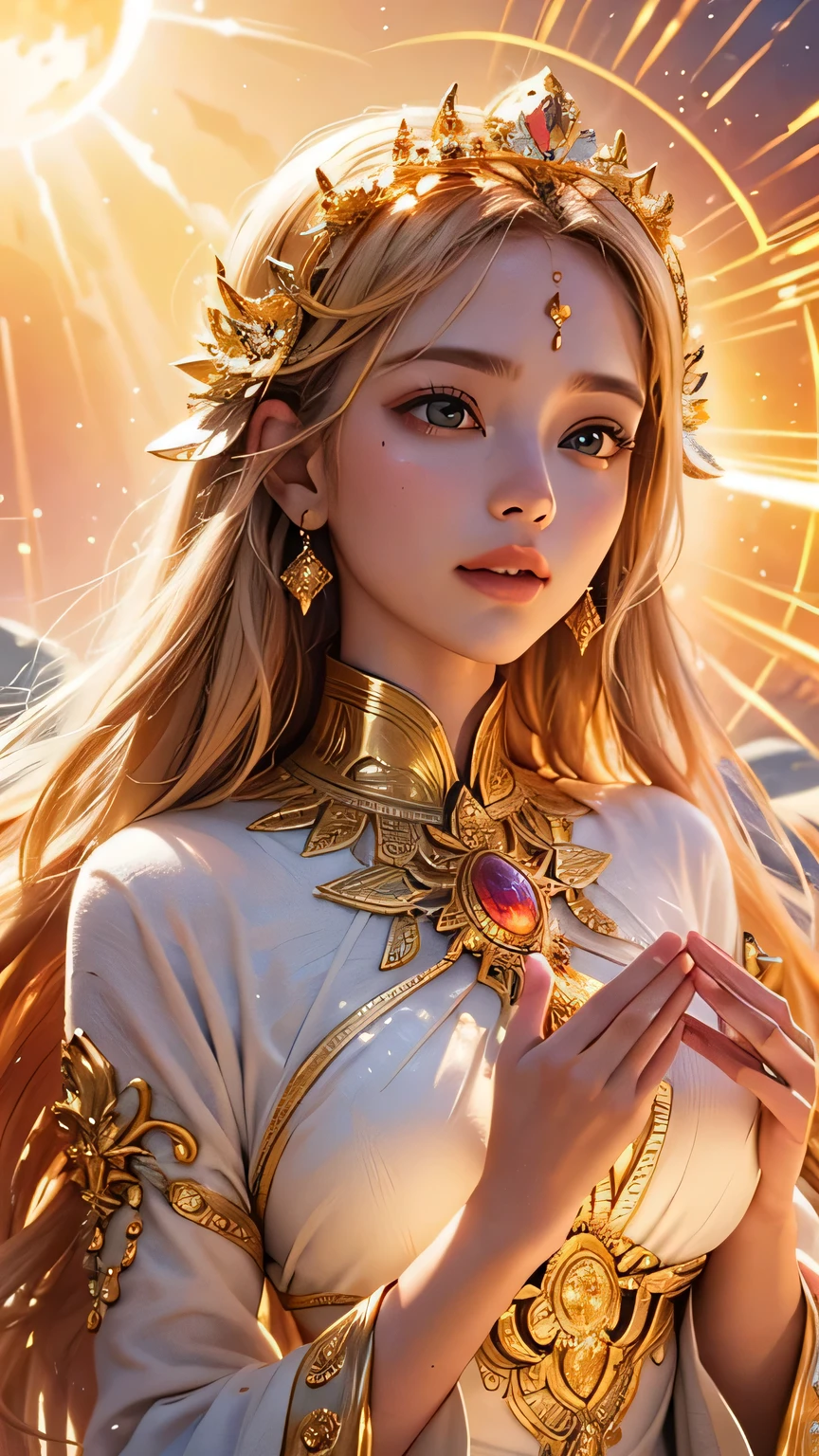 "Maiden of the Sun": Within a sacred sanctuary bathed in sunlight, depict the figure of a sun goddess, facing forward and emanating divine radiance, with golden hair, as she gazes towards us. Zoom in to focus on her face, with light orbs gleaming in her hands, representing the life-giving power of the sun. The background should be predominantly pink, evoking a sense of divine splendor. The setting is in heaven, enveloped in soft, bright light, where one can find tranquility and peace of mind, free from any trace of anxiety. Additionally, the light emanating from her hands should take the form of radiant hearts, resting gently on the palm of her hands.