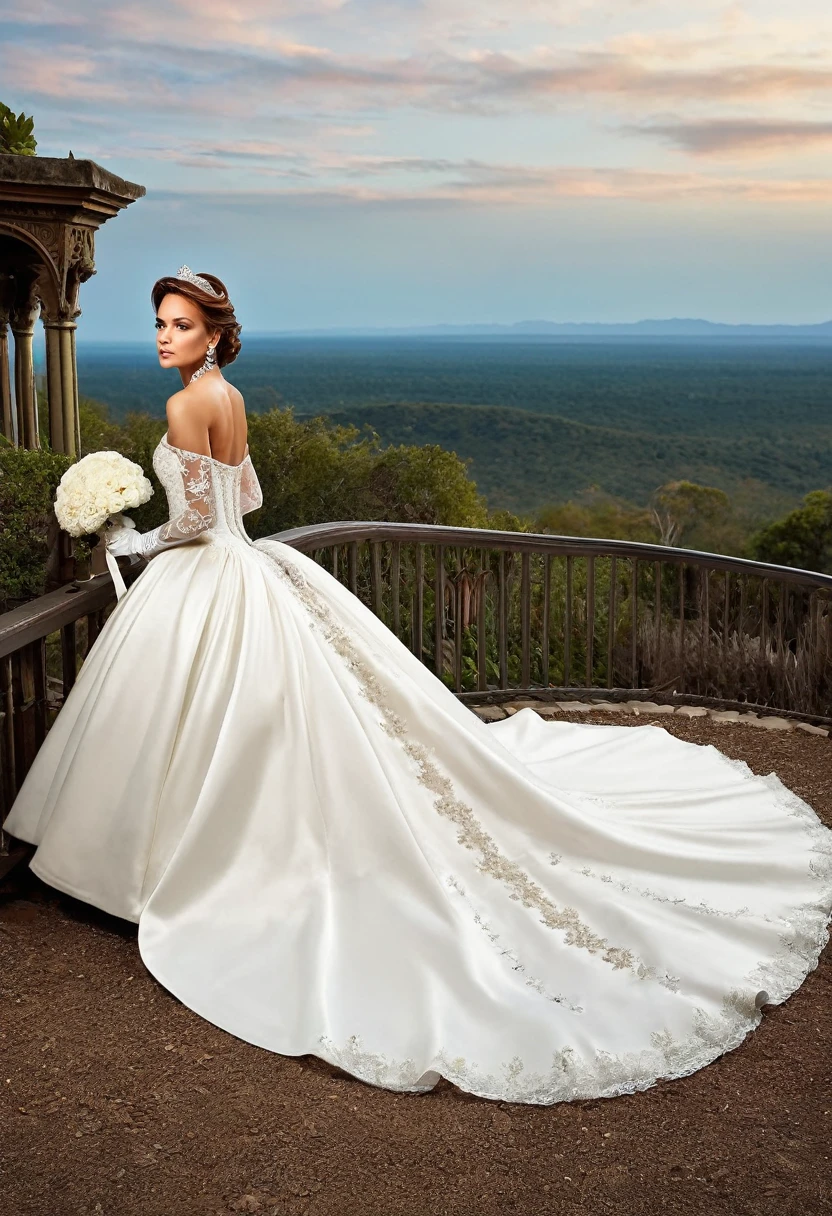 Josie Maran Is a stunning model, and in this image, she's dressed in a breathtaking Victorian-style wedding gown. The white satin bridal gown has a full, princess-style skirt and a long train that flows behind her. The intricate bodice is adorned with lace, diamonds, and a delicate bow at the waist. Her hair is styled in an elegant updo, complete with a sparkling tiara. She wears elbow-length opera gloves and diamond earrings and a necklace that complement the dress perfectly. The image is set against a majestic outdoor backdrop, with a serene landscape and soft lighting that highlights the beauty of the gown and the model.