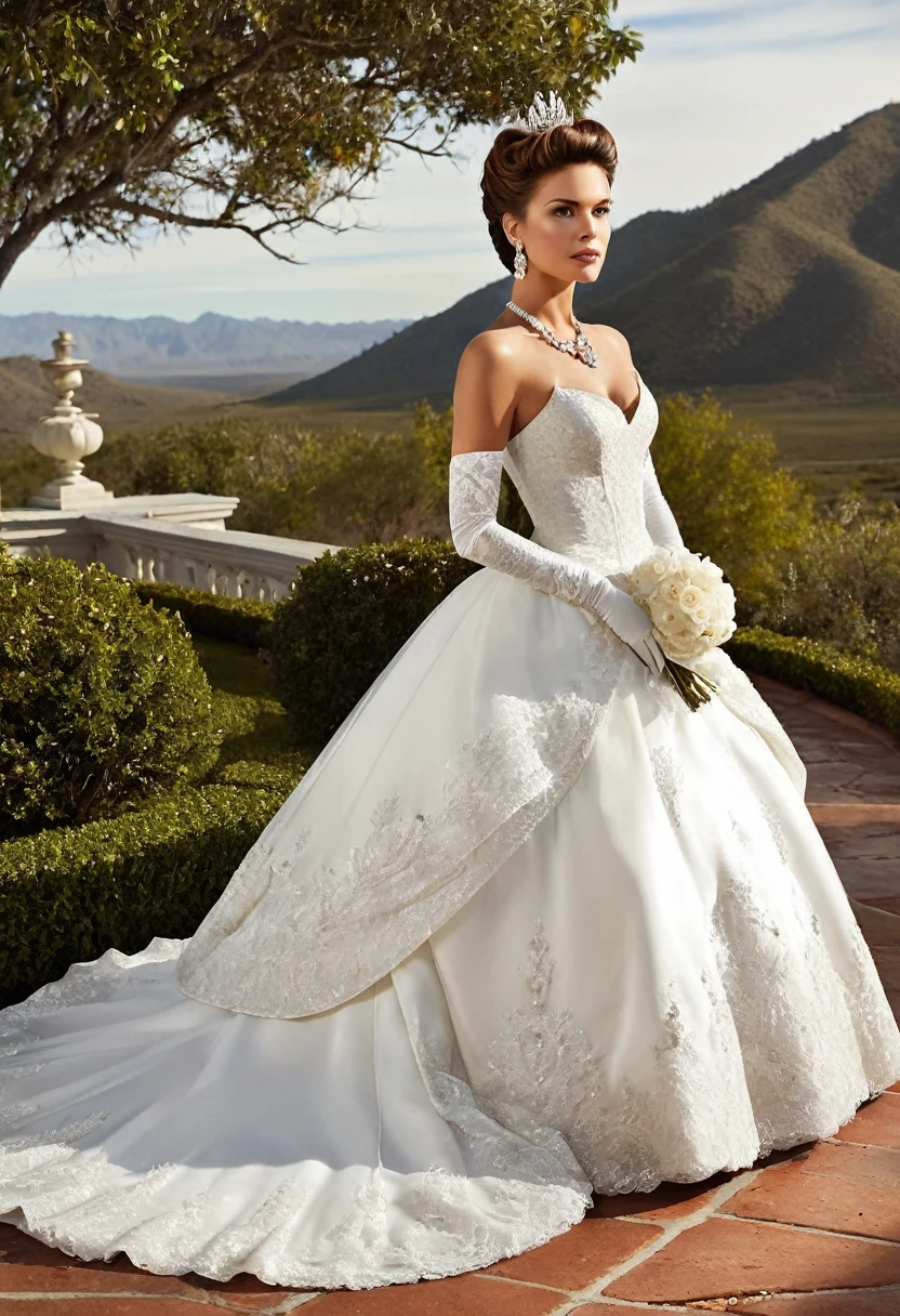 Josie Maran Is a stunning model, and in this image, she's dressed in a breathtaking Victorian-style wedding gown. The white satin bridal gown has a full, princess-style skirt and a long train that flows behind her. The intricate bodice is adorned with lace, diamonds, and a delicate bow at the waist. Her hair is styled in an elegant updo, complete with a sparkling tiara. She wears elbow-length opera gloves and diamond earrings and a necklace that complement the dress perfectly. The image is set against a majestic outdoor backdrop, with a serene landscape and soft lighting that highlights the beauty of the gown and the model.