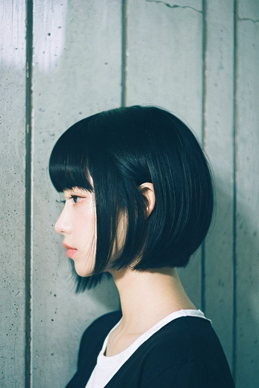 1 girl、Black-haired、Straight Bangs、Bob Cut Hair、Concrete walls and floors、Transcendental Silence、Depth of written boundary、Absurd、Hmph、Ultra-detailed illustrations、Highly detailed face、Raw photo、Film Grain、deviantart Trends、