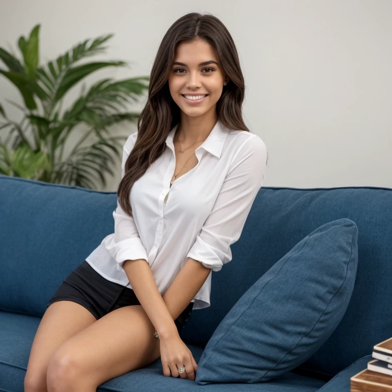 Mujer arafed con largo cabello negro sonriendo y sosteniendo un clavo blanco., se parece a fabiula natal, 21 year old Brazilian woman., julia sarda, fernanda suarez, hermosa y sonriente, hermosa cara latina, brazilian supermodel, marischa becker, se parece a laura barriales, malika favre, valentina remenar, sit on a sofa, sexual position, full dressed