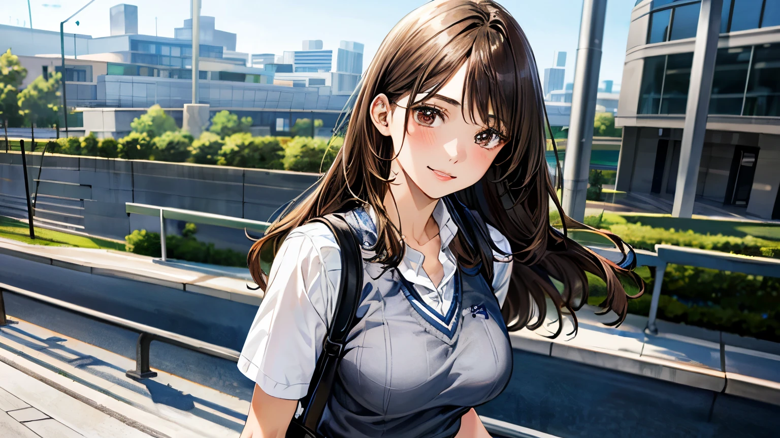 (masterpiece:1.3, highest quality), Ultra-high resolution, Super detailed, (Realistic, photoRealistic:1.4), Beautiful illustrations, Perfect lighting, colorful, Depth of written boundary,
View Viewer, (Face Focus, Upper Body), 1 girl, alone, High female high school student, Sculpture model, (Big Breasts:0.8, Big Ass, Captivating thighs, Skin dents),
(long hair:1.2, straight hair:1.2, (saddle-Brown colored) hair), 非対称の前hair, (Brown) eye, drooping eye, big eye, Shiny skin,
beautiful hair, Beautiful Face, Highly detailed face, beautiful detailed eye, Beautiful clavicle, Beautiful body, Beautiful breasts, Beautiful thighs, Beautiful feet, Beautiful fingers,
(Detailed cloth texture, Navy knit vest, Short sleeved white shirt with collar, Grey plaid pleated skirt, Grey checked tie), Black socks, White panties, Black School Bag,
(Beautiful views), evening, (Downtown, stage), walk, (Cute smile), Bookを読んでいる,Book,whole body,mini skirt,Attractive legs,book
