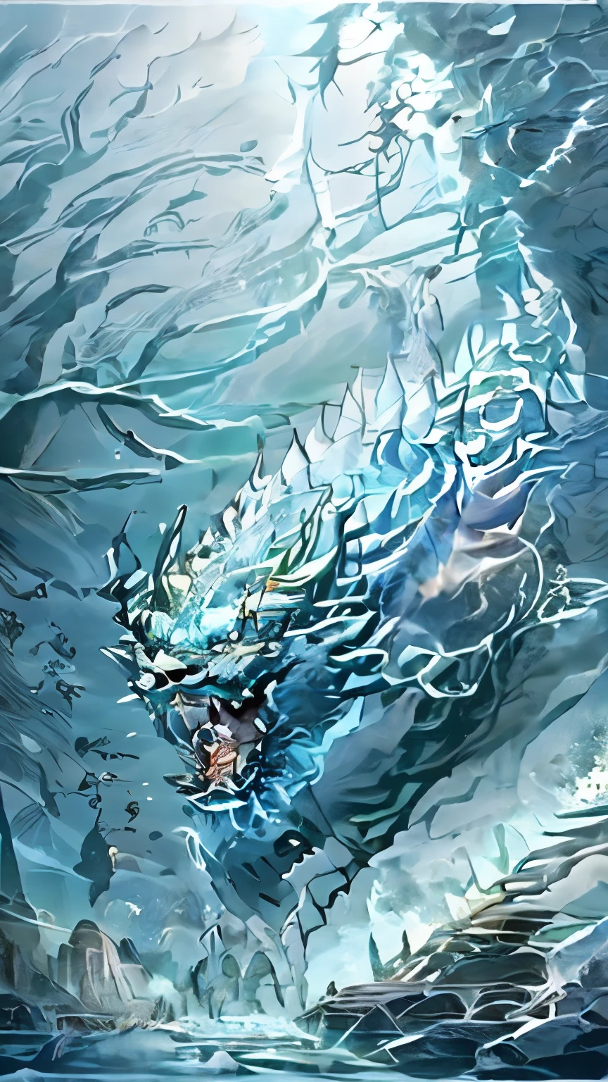A large, reptilian monster named Frostfrill with blue-white icy scales and ice crystals growing from its back, enduring a fierce blizzard. Frostfrill is trudging through deep snow, with strong winds whipping around it and snowflakes swirling in the air. The background features a whiteout landscape, with barely visible outlines of trees and rocks. The atmosphere is harsh and relentless, showcasing Frostfrill's endurance and strength.