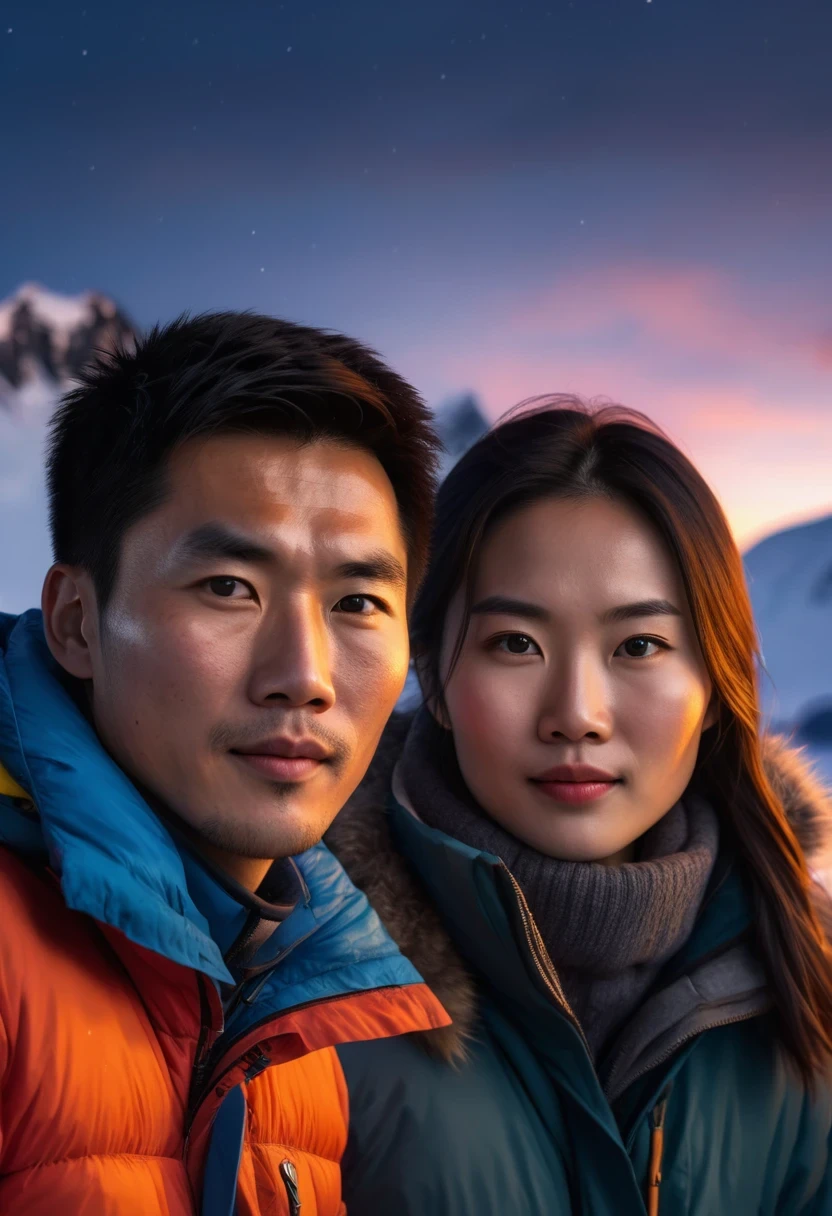 Beautiful Chinese couple camping at night in Antarctica,, Face Detail, Beautiful Eyes, Plump Lips, Long Eyelashes, (Antarctica Camping:1.3), Outdoor Camping, Camping Tent, Camp Fire, Snowy Mountains, Penguins, Mountains, Sunset, Warm Lighting, (best quality,8k,highres,masterpiece:1.2), Ultra Fine, ( realistic,photorealistic,photo-realistic:1.37), Landscape, Natural Light, Vibrant Color