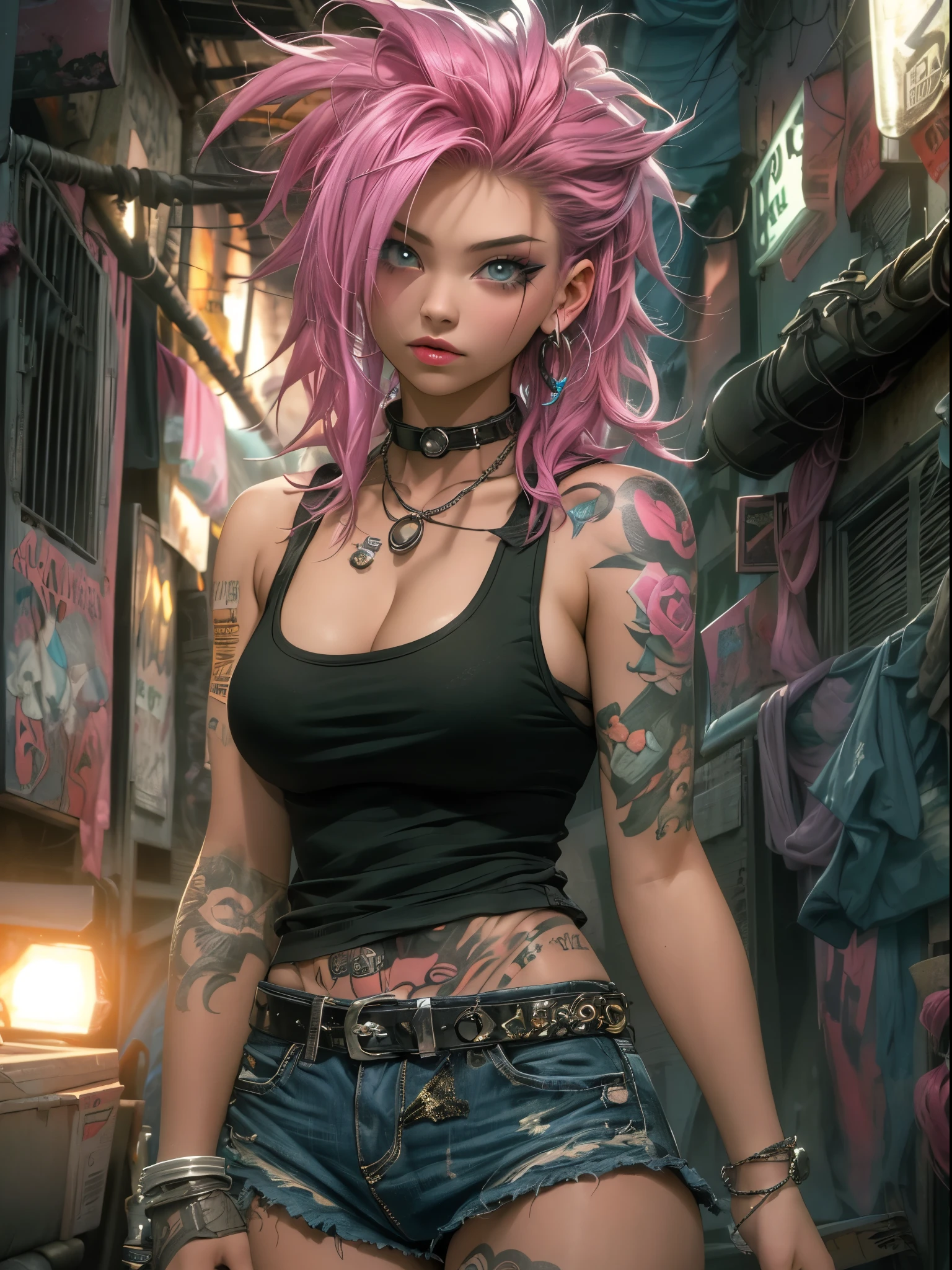 Cute 18 year old punk girl,、(top-quality、in 8K、32K、​masterpiece、nffsw:1.3)、(Photorealsitic:1.4),A pink-haired,punk fashion,Tank Tops、Downtown District Background、Backlight effect、depth of fields,blurry backround,Fancy makeup,Wacky punk hair,、Tattoos on the body,、
