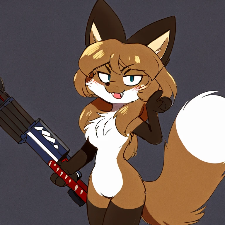 Nervous smiling, uploaded the e621, simple background, missiles in background, beautiful and detailed, woman (((female))) ((anthro)) Fox, (Averi, Fox girl), cinematic lighting, Fox, (anthro, fluffy fur, character focus:1.1), 1girl, anthro fox girl, body fur, curvy, sexy, nice, cute, hot, sassy, sassy hips, fangs, smug, comfortable anime-style cartoon-style, digital drawing, half-closed eyes, SFW, flat chest, dancing, holding a rocket launcher, rocket launcher, soldier helmet, wearing a helmet, grey helmet, world war 2 helmet, holding a shovel in hand, patriotic, saluting, salute, smile