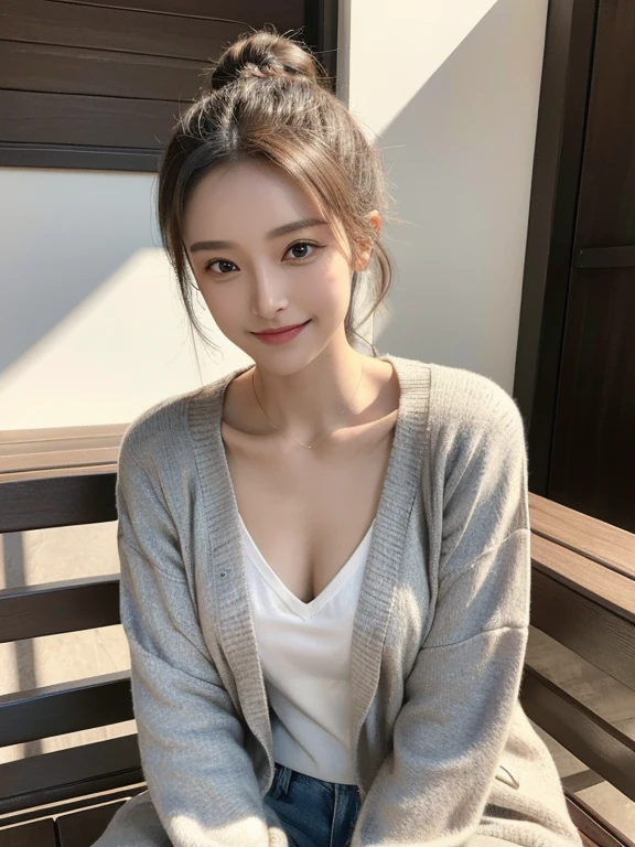 masterpiece, highest quality, High resolution,alone,Brown,artistic,Best lighting,casual,Flat Chest,Beautiful Face,expensive,smile,light makeup,Age 24,Calm woman,Detailed Hair,Laughing woman,Woman with her hair tied up,Face Focus,Forehead,clavicle,Woman sitting cross-legged on a bench,Woman wearing a jacket
