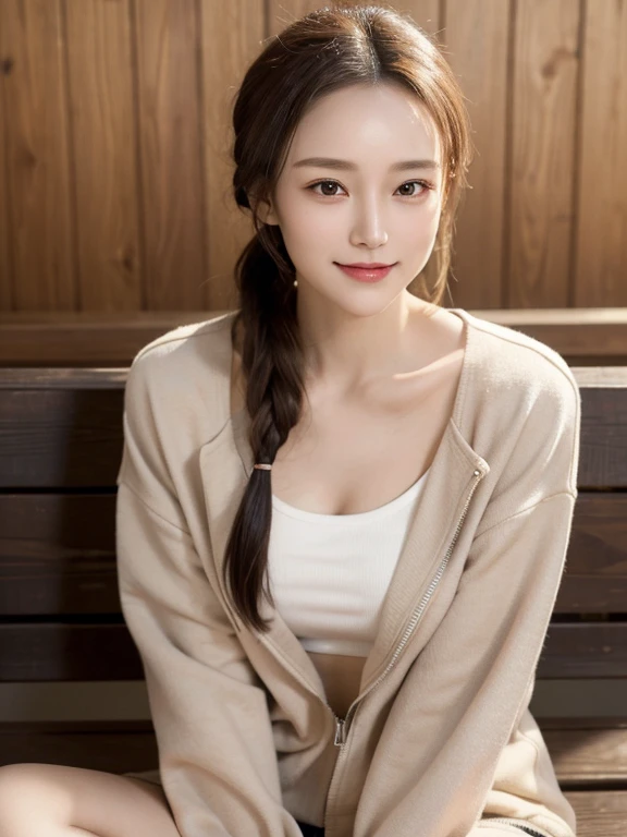 masterpiece, highest quality, High resolution,alone,Brown,artistic,Best lighting,casual,Flat Chest,Beautiful Face,expensive,smile,light makeup,Age 24,Calm woman,Detailed Hair,Laughing woman,Woman with her hair tied up,Face Focus,Forehead,clavicle,Woman sitting cross-legged on a bench,Woman wearing a jacket