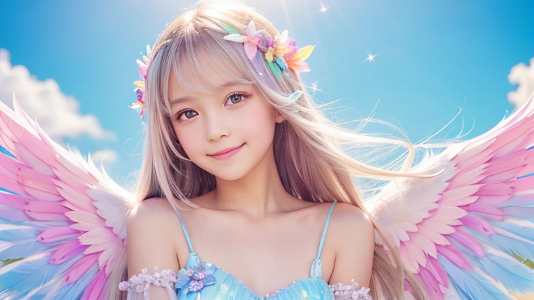 Angel,Lolita,10 years old,Smile,smile,Magic wand,noon,summer,Light of the sun,Light background,cute,Princess,clear,happiness,Angelの羽根,Fairy Wings,Silky shiny hair,Glossy Skin,Long Hair,Fairyland,Soft light,rainbow,dream,hope,Pop Art,pastel colour,Sparkling Eyes,fine,Non-Adult,High resolution,light peach-colored hair,Wavy Hair,Thin eyebrows,Fluffy Feathers