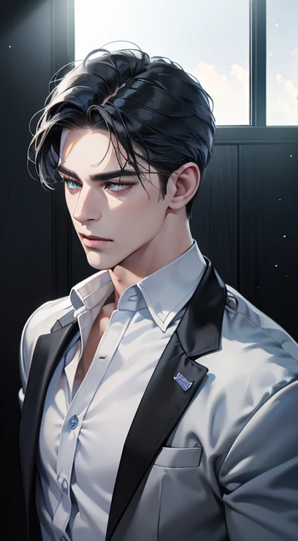 (best quality, masterpiece, 8 thousand, realistic, cinematic lighting, 1:4 HDR images, very detailed, beautiful photos), mature man, very handsome, ((cold expression)), black short hair, blue eye, A perfect face without any mistakes, ((Buttoning my jacket, chief executive))