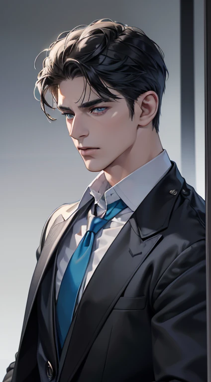 (best quality, masterpiece, 8 thousand, realistic, cinematic lighting, 1:4 HDR images, very detailed, beautiful photos), mature man, very handsome, ((cold expression)), black short hair, blue eye, A perfect face without any mistakes, ((Buttoning my jacket, chief executive))