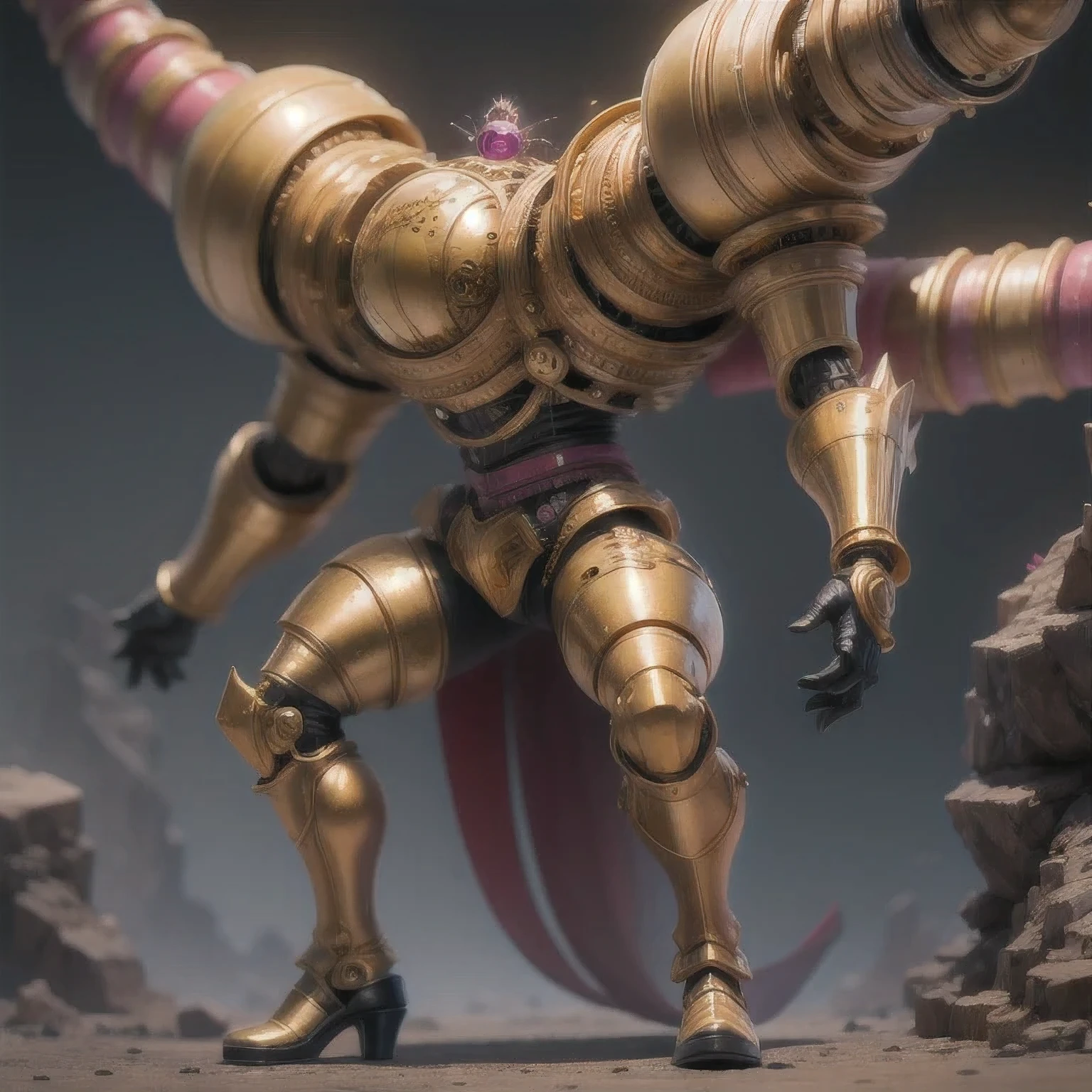 a close up of a golden spider with a purple-pink body and legs, steampunk spider, Mechanical spider red and white legs, arachnid, lolth, arachne, spider, steampunk robot scorpion, highly detailed barlowe 8 k, Bright orange legs large, sculpture made of gold, by Hiroyuki Tajima, full samurai armor spiderman, giger spider joker, insectoid,(((Degenerator )))