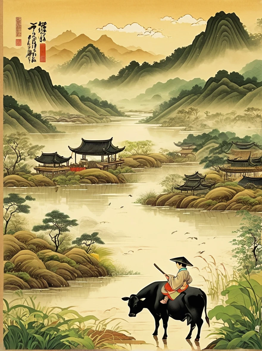 Super detailed，Chinese ink painting style，Chinese landscapes，Rain during the Qingming Festival，A cute little Chinese boy，Dressed in light-colored Hanfu，Planting vegetables with a hoe，A black cow eats grass。distant river、grassland，Mountains in the distance，Birds circling in the sky