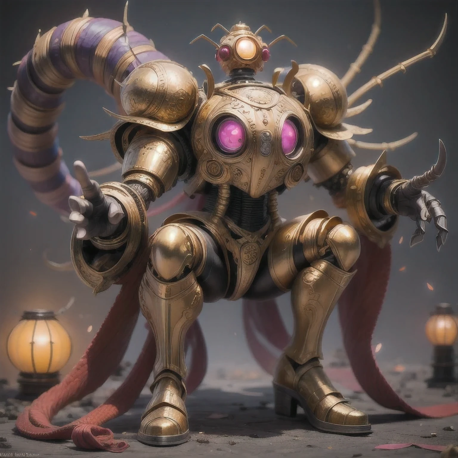 a close up of a golden spider with a purple-pink body and legs, steampunk spider, Mechanical spider red and white legs, arachnid, lolth, arachne, spider, steampunk robot scorpion, highly detailed barlowe 8 k, Bright orange legs large, sculpture made of gold, by Hiroyuki Tajima, full samurai armor spiderman, giger spider joker, insectoid,(((Degenerator )))