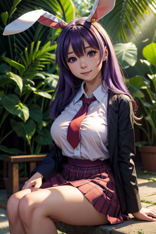 sit in tropical rainforest , steam , waistband of skirt is at the point above chest , plaid skirt , pleated skirt , Tight shirt , white Shirt , school girl , skirt under breasts , skirt is near breasts area , skirt is adjacent to the chest , (masterpiece, best quality, hires, high resolution:1.2, 4k, 8k , high quality), extremely detailed, realistic, intricate details, highres, 1girl, solo, (large breasts, thick thighs, wide hips), arched back,(cinematic lighting, sunlight, perfect lighting, backlighting), eye-level shot, extreme close-up-shot, looking at viewer, , green skirt nakano_yotsuba_ecsta, blue eyes, orange hair, hair ribbon, nakano yotsuba, short hair, green ribbon, hair between eyes , masterpiece, best quality, 1girl,smile,reisen udongein inaba, purple hair,very long hair, rabbit ears, red eyes,black jacket,pink skirt,necktie,