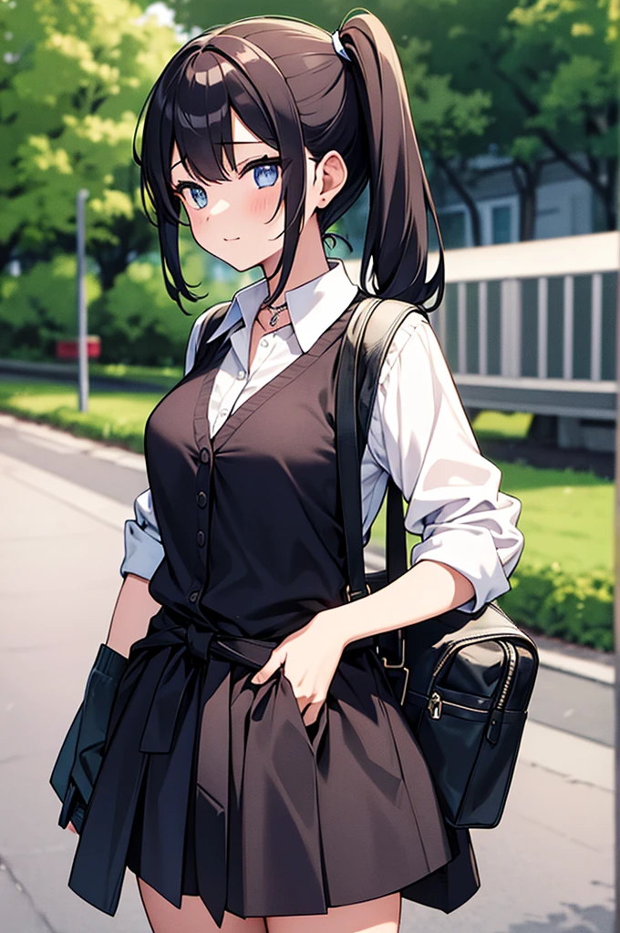 ((masterpiece, best quality, highres)), depth of field, BREAK, 1girl, standing, cowboy shot, BREAK, (outdoors), BREAK, aahayasaka, side ponytail, BREAK, medium breasts, necklace, collared shirt, black vest, sleeves rolled up, clothes around waist, black skirt,
