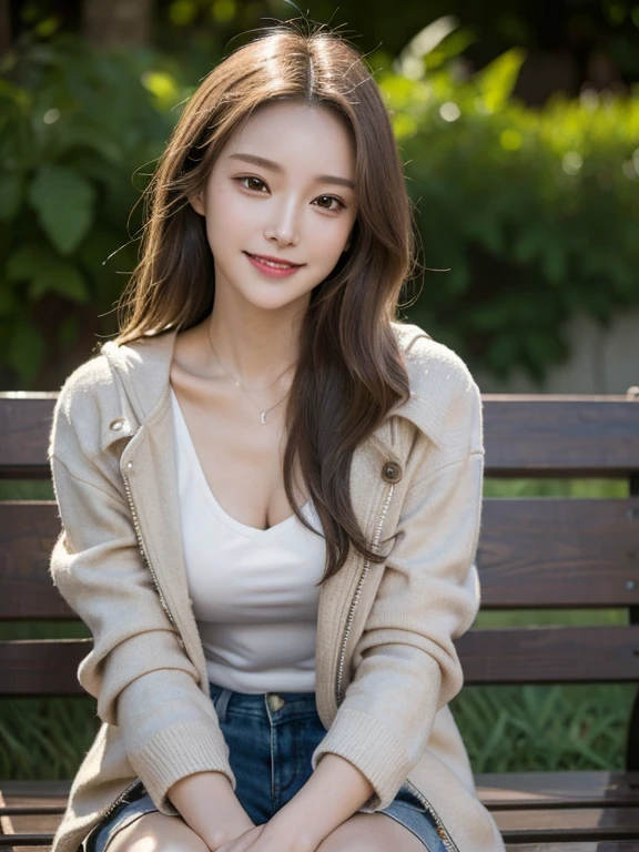 masterpiece, highest quality, High resolution,alone,Brown,artistic,Best lighting,casual,Flat Chest,Beautiful Face,expensive,smile,light makeup,Age 24,Calm woman,Detailed Hair,Laughing woman,Face Focus,Forehead,clavicle,Woman sitting cross-legged on a bench,Woman wearing a jacket