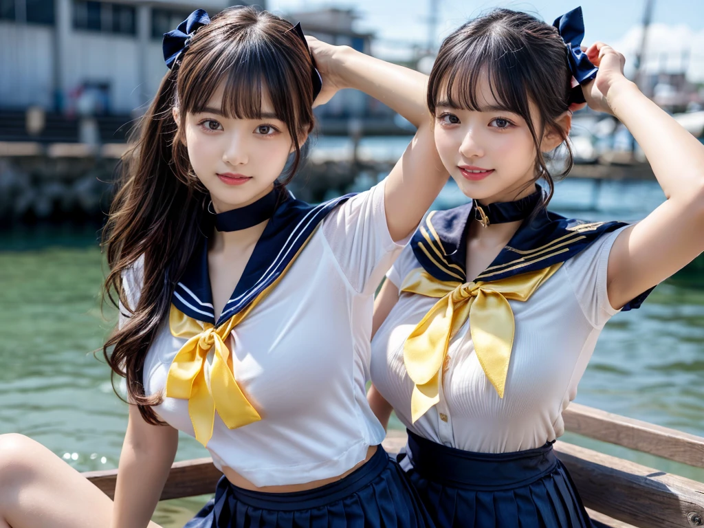 (((very heavy chest))),NSFW, 16k raw photos, highest quality, masterpiece, ultra high resolution, ((She is wearing Beautiful exposed redShe is wearing (a high school sailor uniform).
(navy sailor collar:1.4),(white shirt:1.4),(navy pleats skirt:1.4),(navy bow:1.4))).movie, ((2 girls, , 2 schoolgirls)),((attractive expression)),eyes shine、 looking at the viewer, natural skin texture very heavy chest))),((( metal black ribbon around the neck))).star handle mold、((yellow eyes)),Realistic eye and face details, lip whole, lipstick makeup), fluffy ponytail hair, laughter, Beautiful feet, tall woman, ((glowing skin)),((Beautiful armpit)), slim_feet, huge breasts, cleavage, beautiful natural places, beautiful flower garden、(detailed background,highly exposed, huge breasts, blurred background,, JK ribbon on the neck, jk ribbon, golden hair, bracelet, water, bangs, split your lips、armpit、beautiful hip line、glowing skin、(((eyes shine brightly))),lotion skin、High leg、((black hair)),highly exposed、Skimpy pink luxury fur coat、beautiful sea background、wind effect、