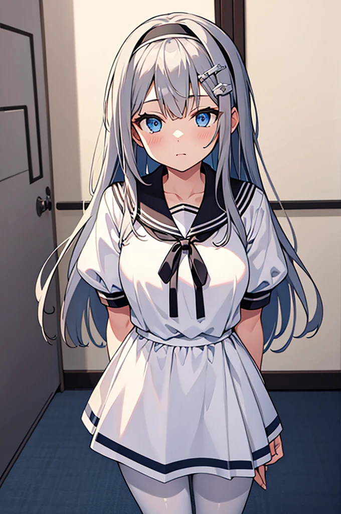 ((masterpiece, best quality, highres)), depth of field, BREAK, 1girl, standing, cowboy shot, BREAK, (classroom), BREAK, kei1, blue eyes, long hair, bangs, grey hair, hair ornament, black hairband, hair between eyes, BREAK, white dress, short sleeves, ribbon, collarbone, white skirt, black pantyhose, neck ribbon, sailor collar, medium breasts,
