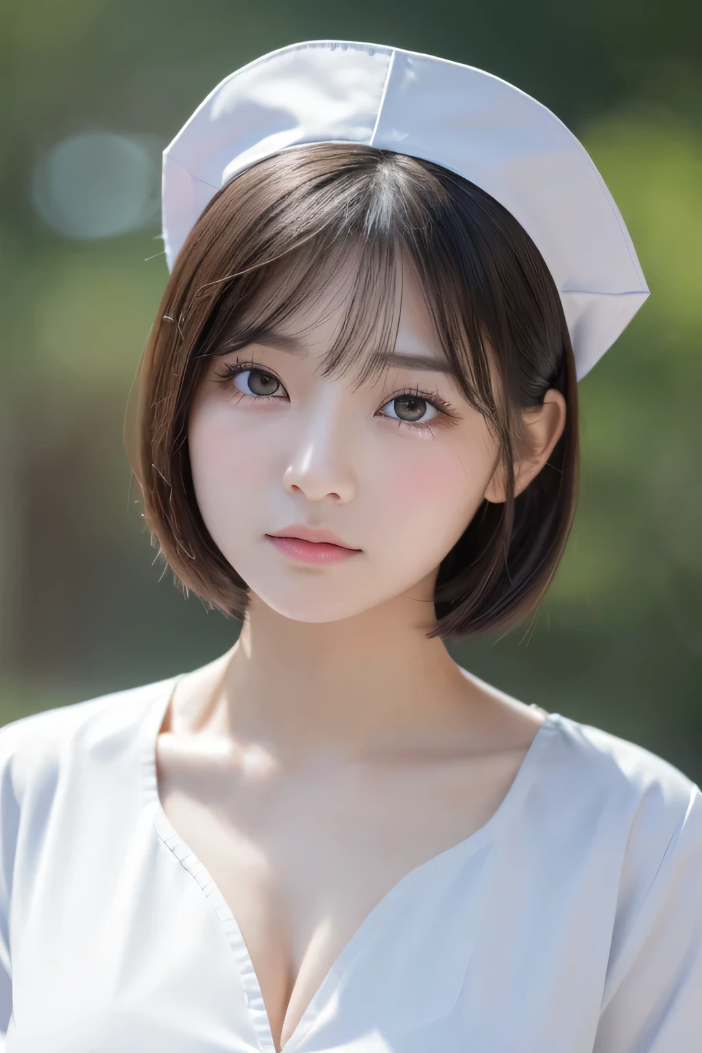 (1 Girl)、(Beautiful Japanese、18years old,round face、Refreshing、clear、seems kind、stylish、Pitiful、cute like an angel、cute、black eyes、,actress,Almond-shaped eyes,Translucent white skin、Beautiful skin), Good style , (((Beautiful big breasts:1.2))),(((soft breasts))),(very cute),(Black hair),(short bob hair),(enchanting eyes),(highlight on eyes:1.2)、(8K、Live shooting、highest quality、masterpiece:1.2、optimal lighting)、((masterpiece)),(Photo taken by a professional photographer),(real、photo real:1.4),break,{ (White nurse costume),(((taraditional nurse uniform)))、（Fit）},(tears:1.4))(cheeks are red:1.2), break, break,Old abandoned hospital,Face shot:1.3、looking at viewer, face close-up,Looking up、Cleavage:1.２、Peering in with a worried look on his face。(((Looking back))),Weak face,From below,(((dynamic angle)))、Hand on cheek、I&#39;m a little angry