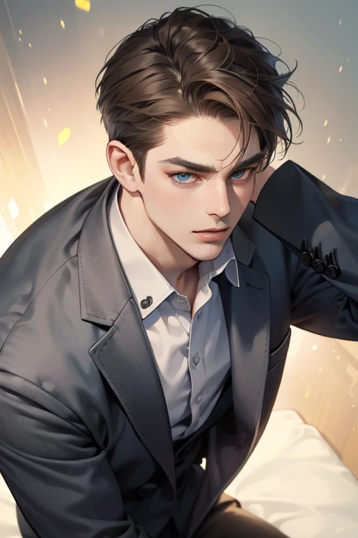 masterpiece, best quality, realistic, 1man, mature male, quiet and charming young man, 25 year old, serious look, closed mouth, portrait, extremely detailed face, cold smile, ((blue grey eyes)), ((short-right-swept dark brown hair)), [thick eyebrows], ((suit)), handsome, full body, western, Jewish, light brown skin,